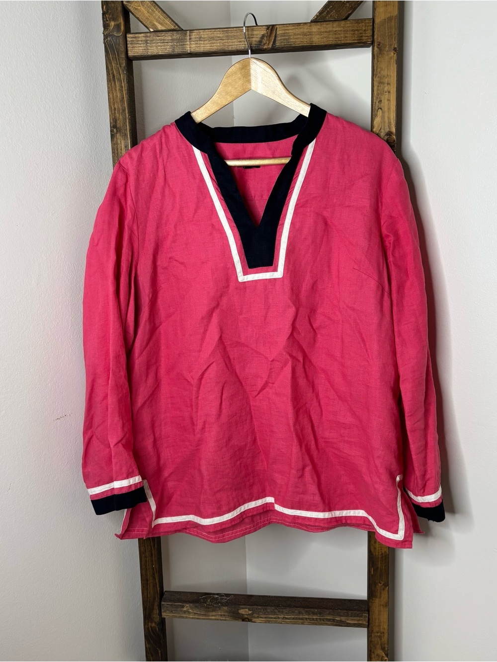 Talbots Pink Linen Nautical V-Neck Tunic Top with Navy Trim Size L